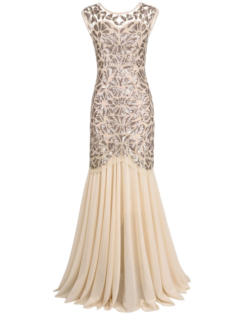 PrettyGuide Women 's 1920s Art Deco Sequin Gatsby Formal Evening Prom Dress L Champagne - Image 1
